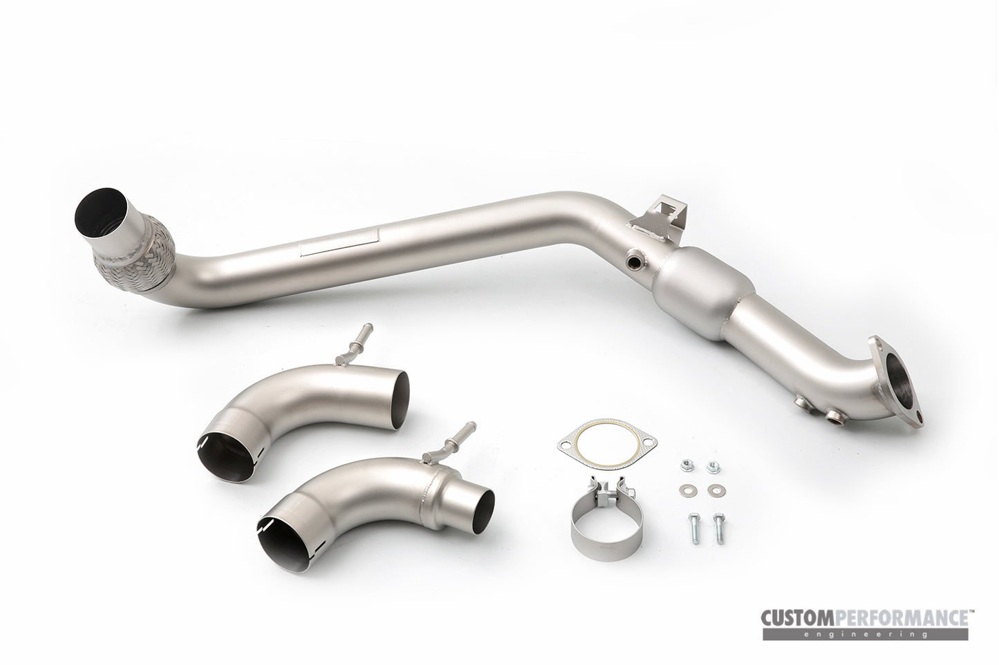 cp-e™ Ford EcoBoost Mustang '15-, QKspl Downpipe,  Stock Flange Back, 2.25" or 3.00" Catback Connection, 304 Stainless Steel | NO CAT, OFF ROAD USE ONLY