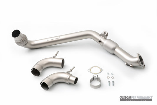 cp-e™ Ford EcoBoost Mustang '15-, QKspl Downpipe, Stock Flange Back, 2.25" or 3.00" Catback Connection, 304 Stainless Steel | High Flow Metallic Spun CAT