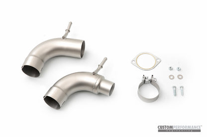 cp-e™ Ford EcoBoost Mustang '15-, QKspl Downpipe, Stock Flange Back, 2.25" or 3.00" Catback Connection, 304 Stainless Steel | High Flow Metallic Spun CAT