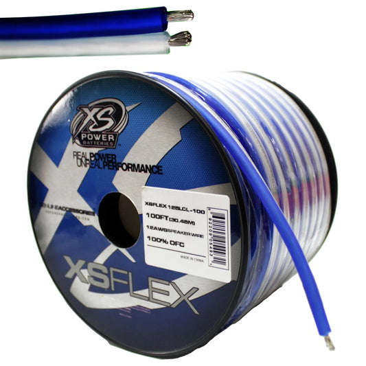 XS Power Baterías Cable de altavoz OFC de 12 AWG, positivo transparente, negativo azul, carrete de 100'