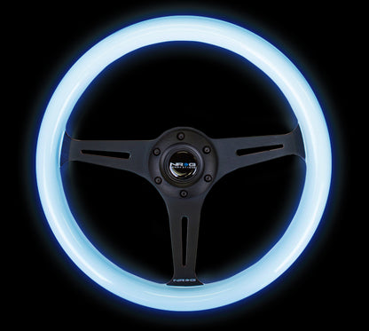 NRG Classic Wood Grain Steering Wheel (350mm) Glow-In-The-Dark Blue Grip w/Black 3-Spoke Center