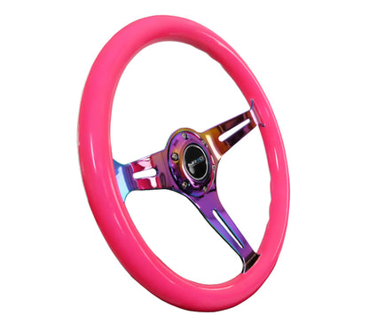 NRG Classic Wood Grain Steering Wheel (350mm) Neon Pink Painted Grip w/Neochrome 3-Spoke Center