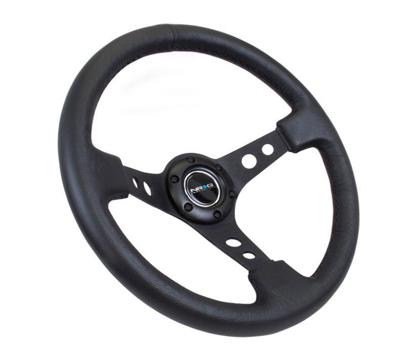 Volante reforzado NRG (350 mm / 3 pulgadas de profundidad) de cuero negro con radios negros y recortes circulares