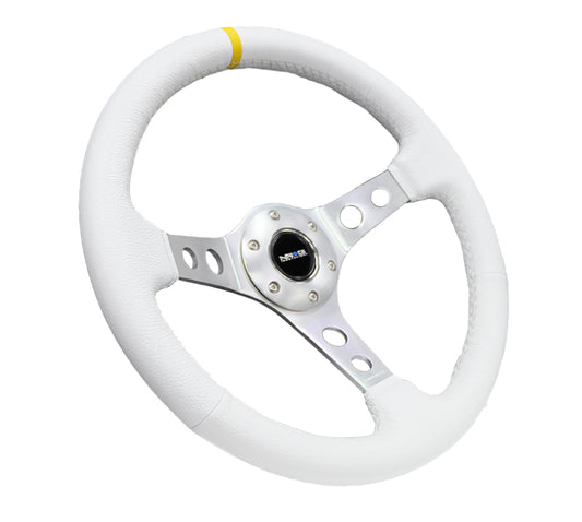 NRG Reinforced Steering Wheel (350mm / 3in. Deep) Wht Leather w/Silver Spoke & Single Yellow Mark