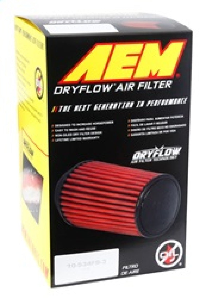 Filtro de aire AEM DryFlow: redondo, cónico, 5 pulgadas de diámetro exterior superior x 6 de base OD x 5.563 pulgadas de alto x 3 pulgadas de diámetro interior de brida