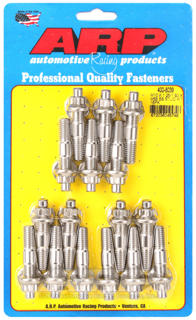 ARP M10 x 1.25/1.50 x 55mm Stainless Steel Broached Stud Kit - 16 Pieces