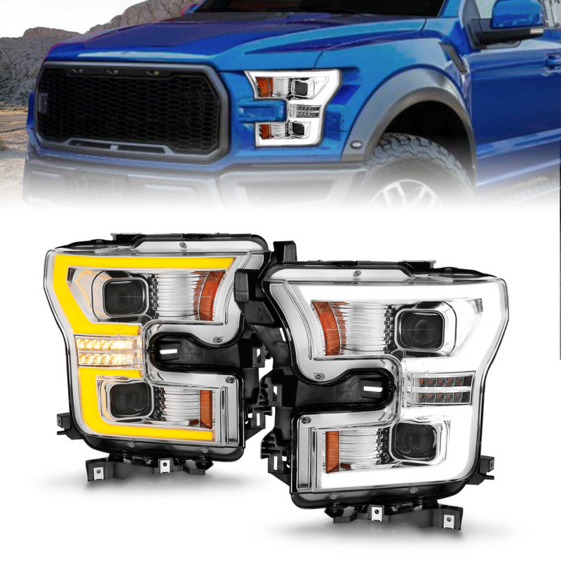 ANZO 15-17 Ford F-150 Faros delanteros LED con proyector - con barra de luz con carcasa cromada