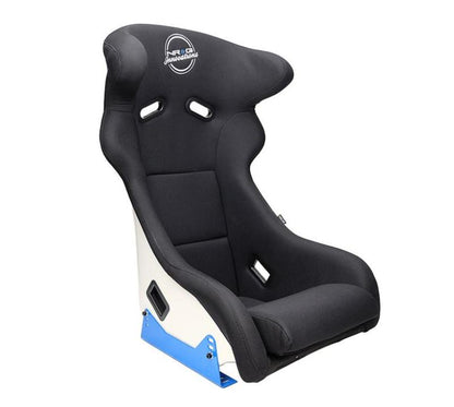 NRG FRP Bucket Seat - White Finish with Arrow Embroidery And Blue Side Mount Bracket