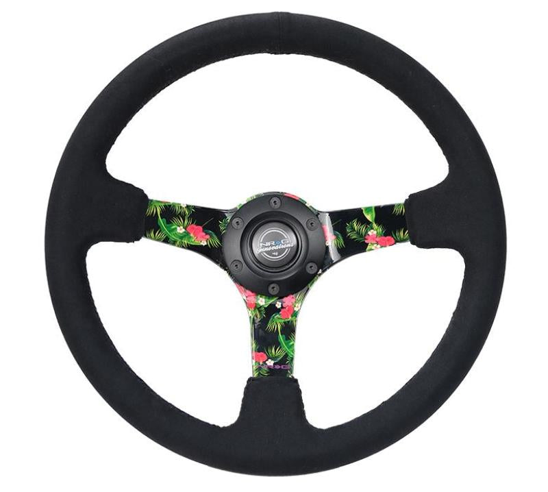 NRG Reinforced Steering Wheel (350mm / 3in. Deep) Black Suede w/ 5mm Floral 3-Spoke Center