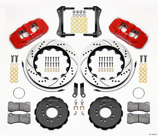 Kit de sombrero delantero Wilwood AERO6 14.00 Rojo perforado 2005-2014 Mustang con suspensión BMR. con líneas