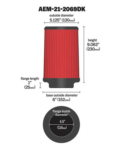 Filtro de aire AEM DryFlow KIT ​​DE FILTRO DE AIRE 4,5 x 9 pulgadas DRYFLOW