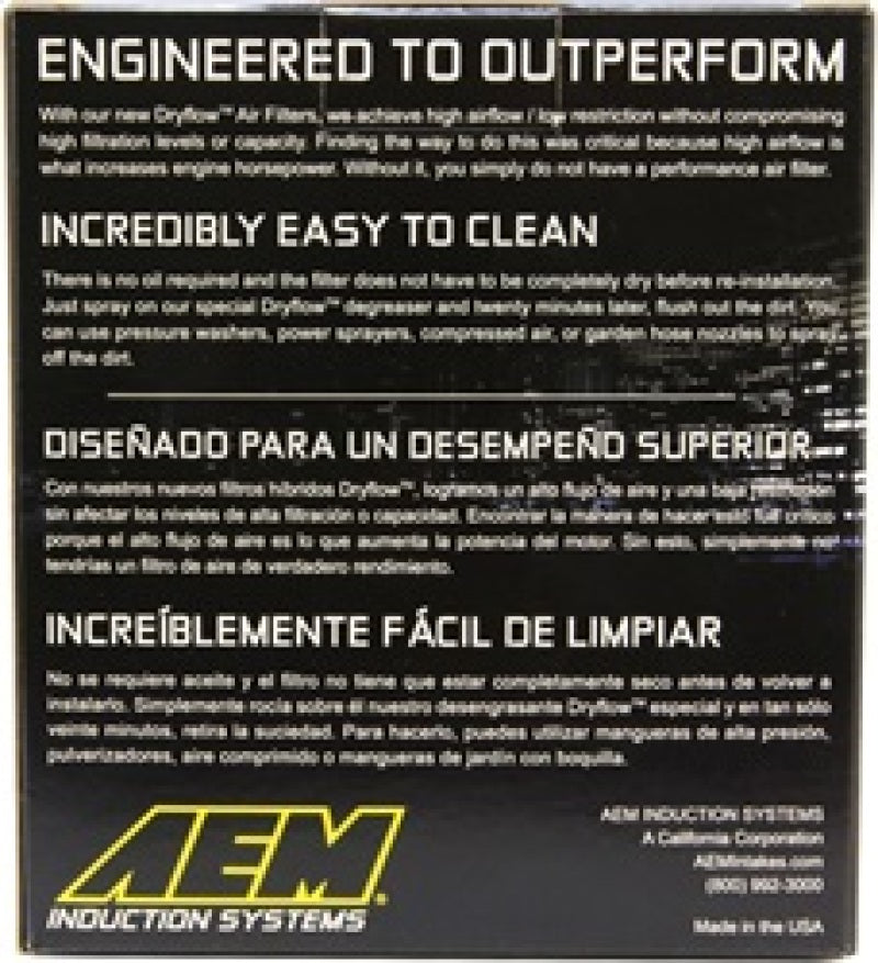 Filtro de aire cónico AEM DryFlow de 5,5 pulgadas de diámetro exterior de base / 4,75 pulgadas de diámetro exterior superior / 5 pulgadas de altura