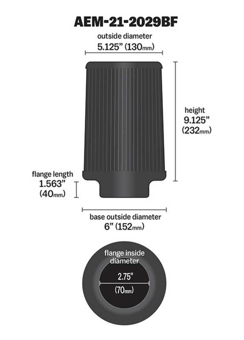 Filtro de aire cónico AEM Dryflow, diámetro interior de brida de 2,75 pulgadas, diámetro exterior de base de 6 pulgadas, diámetro exterior superior de 5,125 pulgadas, altura de 9,125 pulgadas