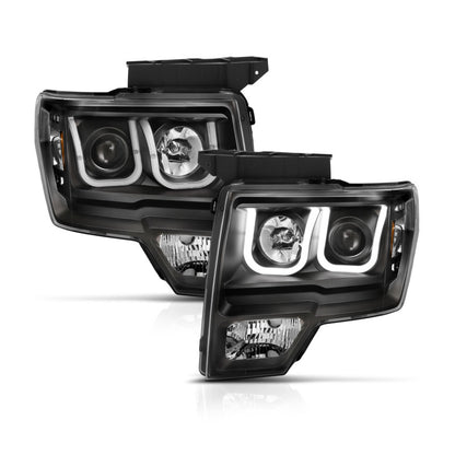 ANZO 2009-2014 Ford F-150 Projector Headlights w/ U-Bar Switchback Black w/ Amber