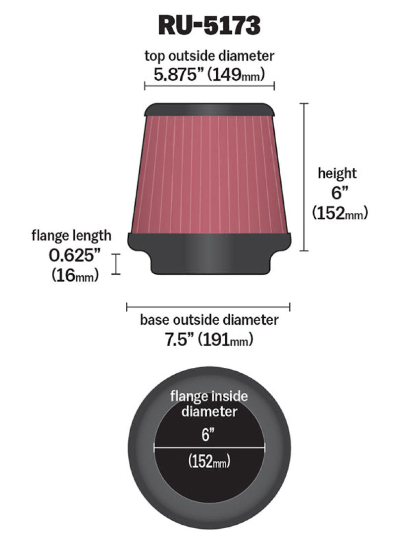 Filtro de aire universal con abrazadera K&amp;N de 6 pulgadas FLG / 7-1/2 pulgadas B / 5-7/8 pulgadas T / 6 pulgadas H