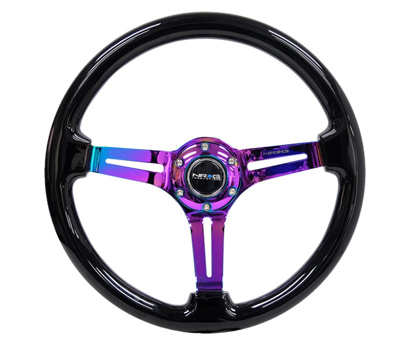 NRG Reinforced Steering Wheel (350mm / 3in. Deep) Blk Wood w/Blk Matte Spoke/Neochrome Center Mark