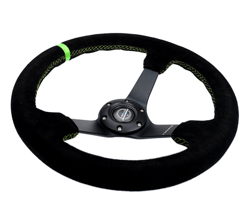 Volante reforzado NRG de 350 mm/3 pulg. Ante negro profundo/costura verde neón con radio negro mate de 5 mm