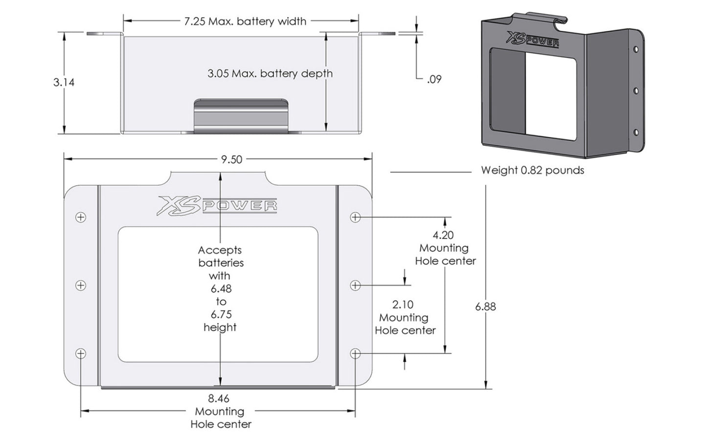 XS Power Batteries 680 Series and XP750 Stamped Aluminum Side Mount Box no Window