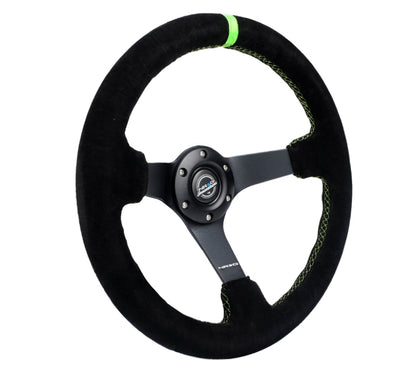 Volante reforzado NRG de 350 mm/3 pulg. Ante negro profundo/costura verde neón con radio negro mate de 5 mm