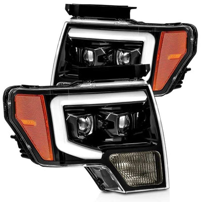 AlphaRex 09-14 Ford F-150 LUXX LED Proj Headlights Plank Style Jet Blk w/Activ Light/Seq Signal/DRL