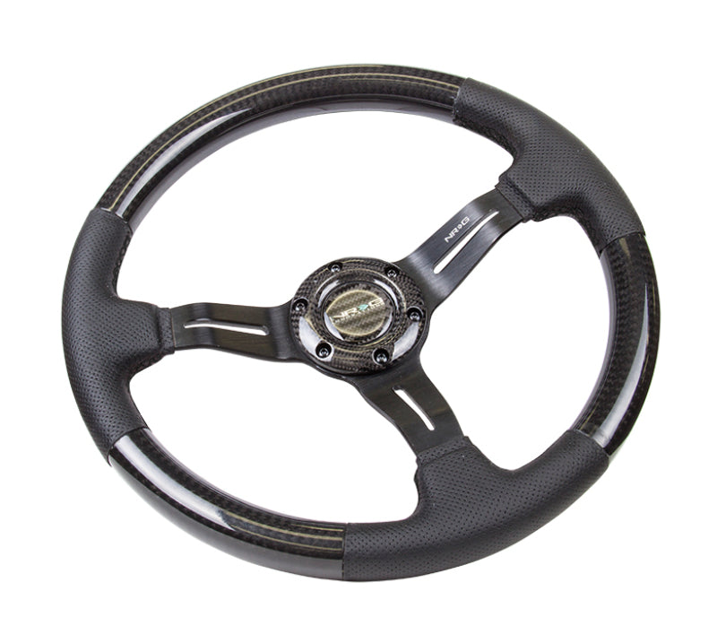 NRG Carbon Fiber Steering Wheel (350mm / 1.5in. Deep) Leather Trim w/Blk Stitch & Slit Cutout Spokes