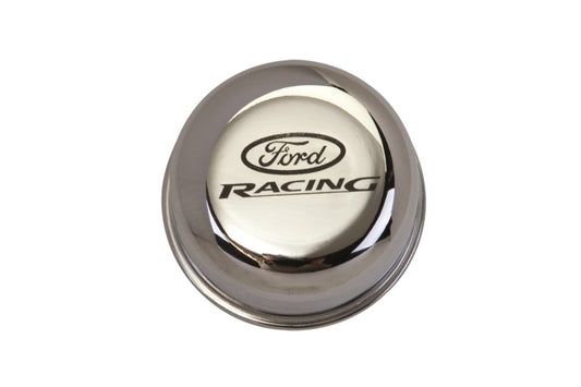 Tapa de respiradero cromada Ford Racing con logotipo de Ford Racing