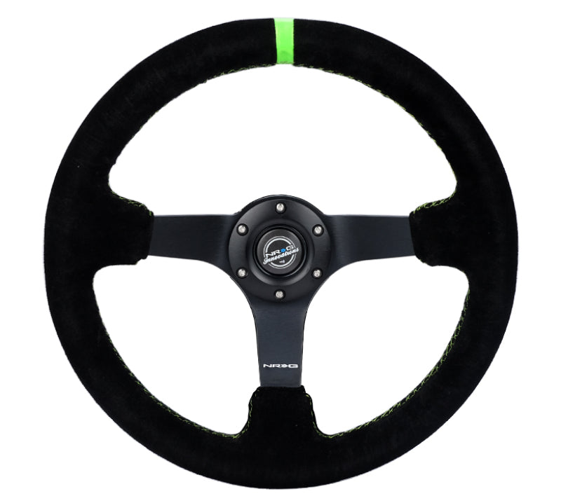 Volante reforzado NRG de 350 mm/3 pulg. Ante negro profundo/costura verde neón con radio negro mate de 5 mm