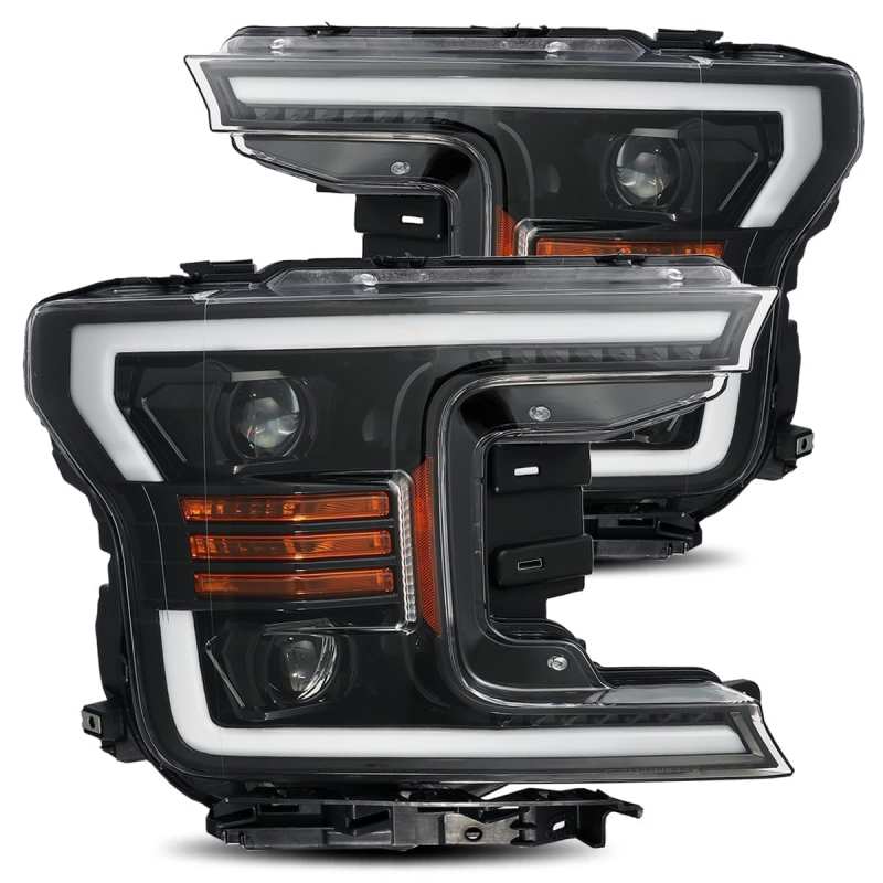 AlphaRex 18-20 Ford F-150 LUXX LED Proj Headlights Plank Style Jet Blk w/Activ Light/Seq Signal/DRL