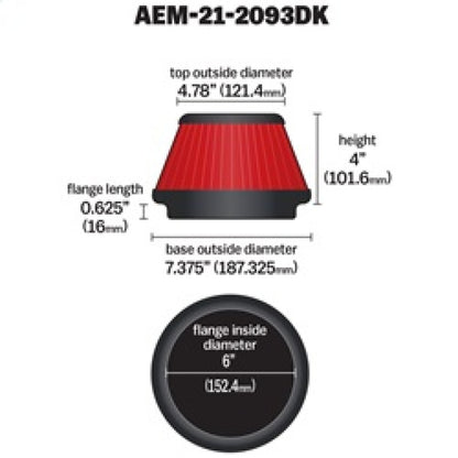 Filtro de aire cónico cónico DryFlow AEM de 6 pulgadas x 4 pulgadas