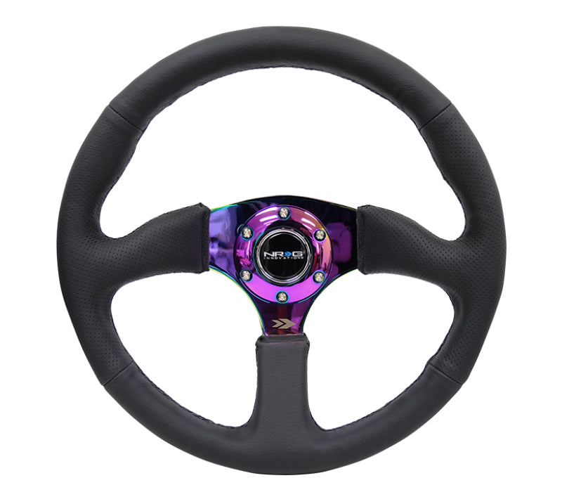NRG Reinforced Steering Wheel (350mm / 2.5in. Deep) Leather Race Comfort Grip w/4mm Neochrome Spokes