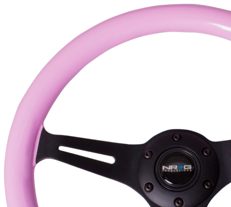 NRG Classic Wood Grain Steering Wheel (350mm) Solid Pink Painted Grip w/Black 3-Spoke Center