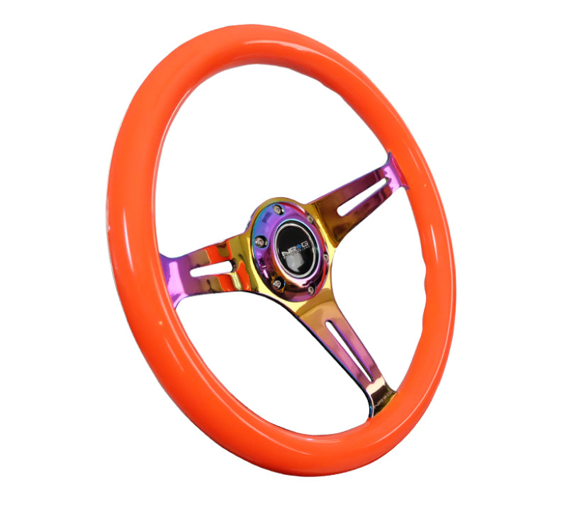 NRG Classic Wood Grain Steering Wheel (350mm) Neon Orange Color w/Neochrome Spokes