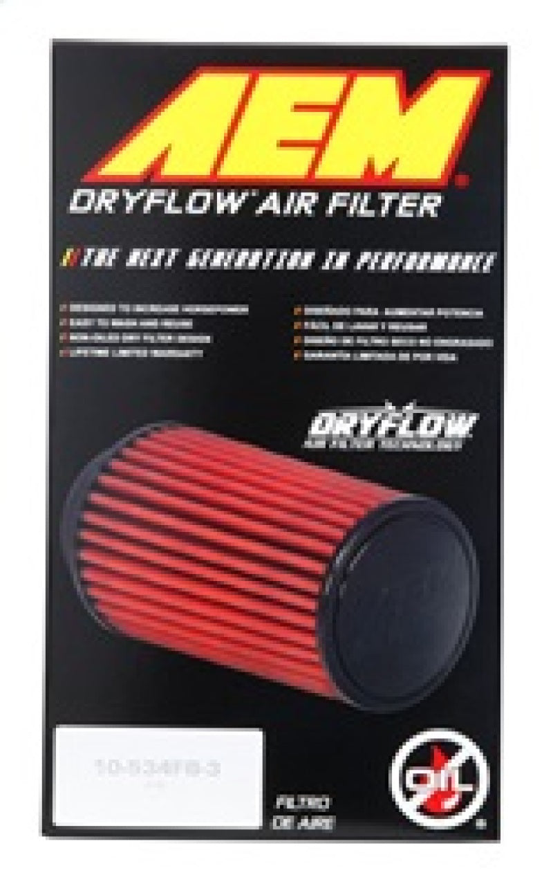 Filtro de aire AEM DryFlow: redondo, cónico, 5 pulgadas de diámetro exterior superior x 6 de base OD x 5.563 pulgadas de alto x 3 pulgadas de diámetro interior de brida