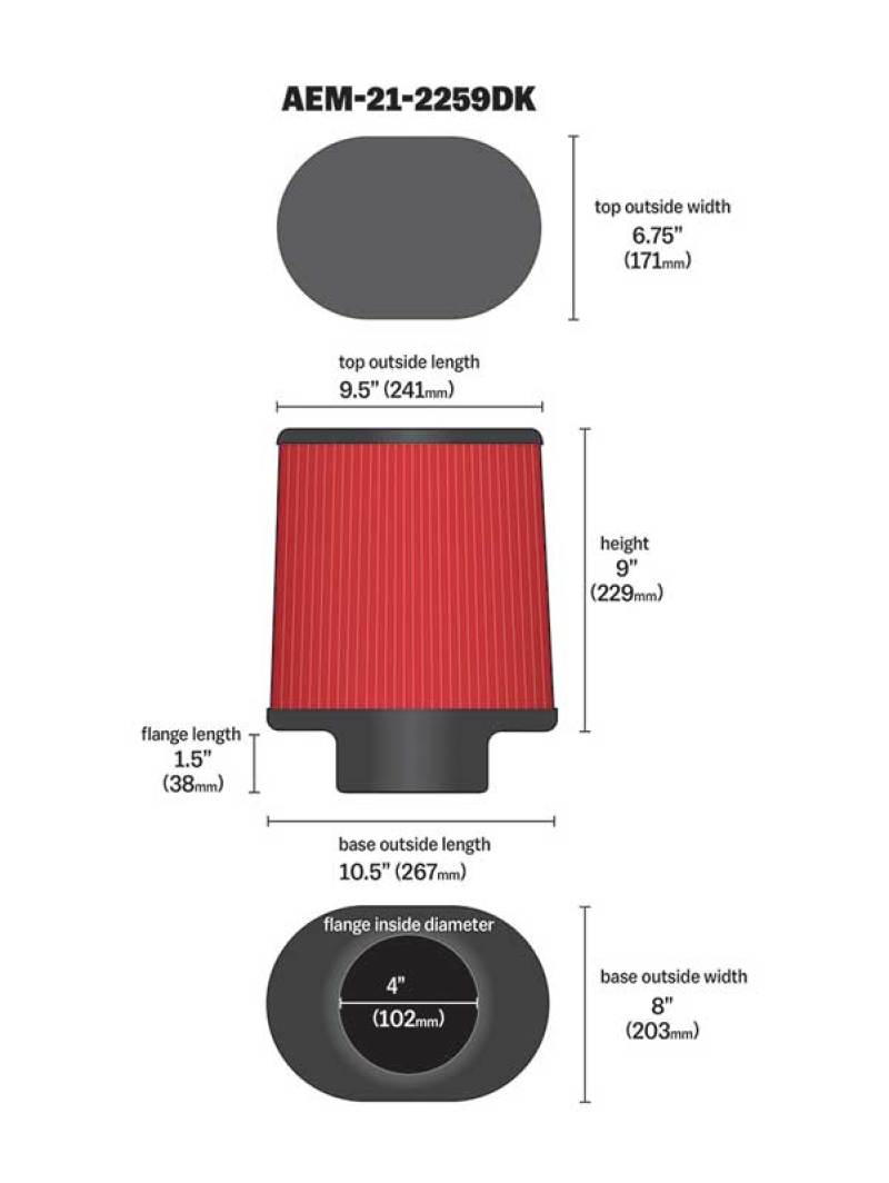 Filtro de aire de flujo seco AEM de 4,00 pulgadas, elemento ovalado de 9,00 pulgadas