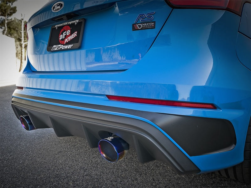 aFe Takeda Sistema de escape con eje trasero 304 SS de 3 pulgadas con punta de llama azul 16-18 Ford Focus RS 2.3L (t)